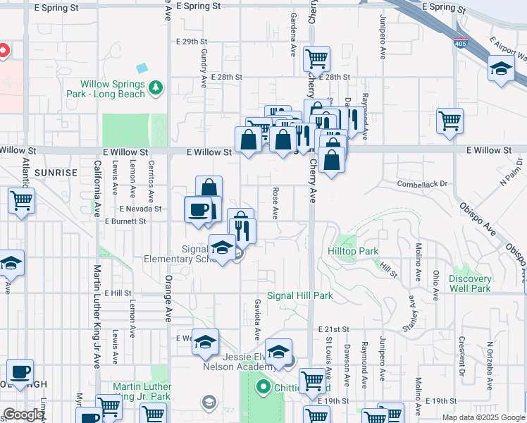 map of restaurants, bars, coffee shops, grocery stores, and more near 2415 Rose Avenue in Signal Hill