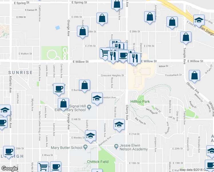 map of restaurants, bars, coffee shops, grocery stores, and more near 2420 North Gaviota Avenue in Long Beach
