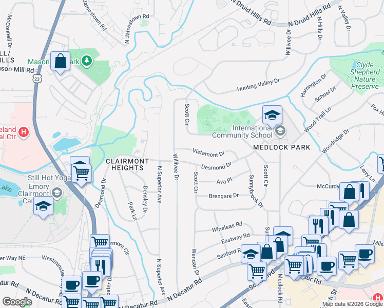 map of restaurants, bars, coffee shops, grocery stores, and more near 2257 Vistamont Drive in Decatur