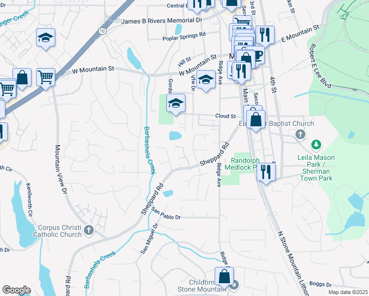 map of restaurants, bars, coffee shops, grocery stores, and more near 502 Mountain Springs Drive in Stone Mountain