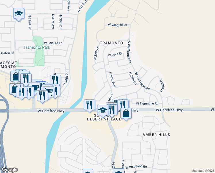 map of restaurants, bars, coffee shops, grocery stores, and more near 2711 West Vía Bona Fortuna in Phoenix