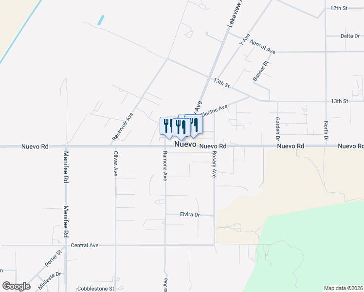 map of restaurants, bars, coffee shops, grocery stores, and more near Nuevo Road in Nuevo