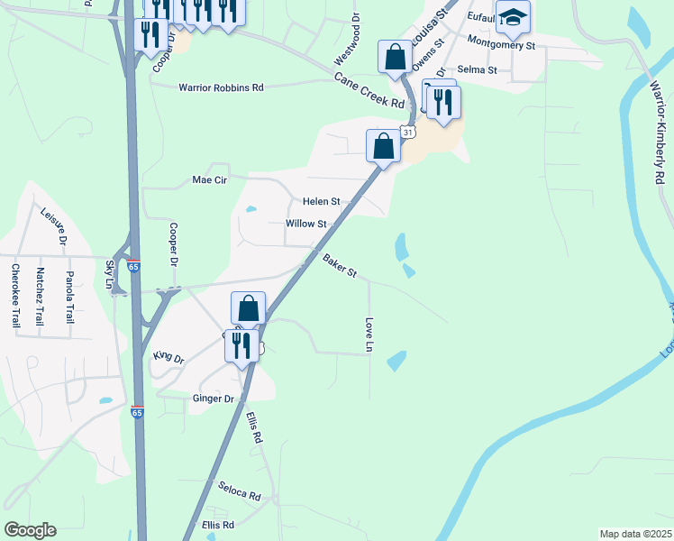 map of restaurants, bars, coffee shops, grocery stores, and more near 1921 Warrior Parkway in Warrior