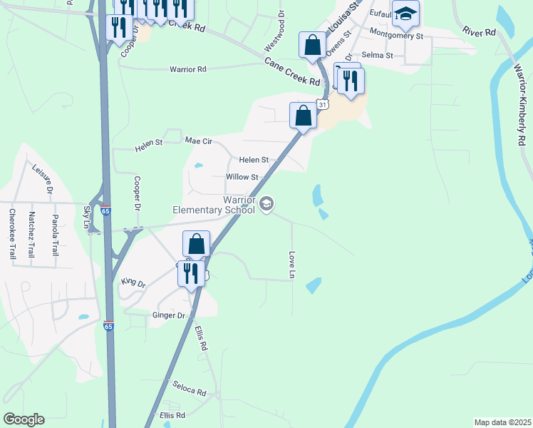 map of restaurants, bars, coffee shops, grocery stores, and more near 1921 Warrior Parkway in Warrior