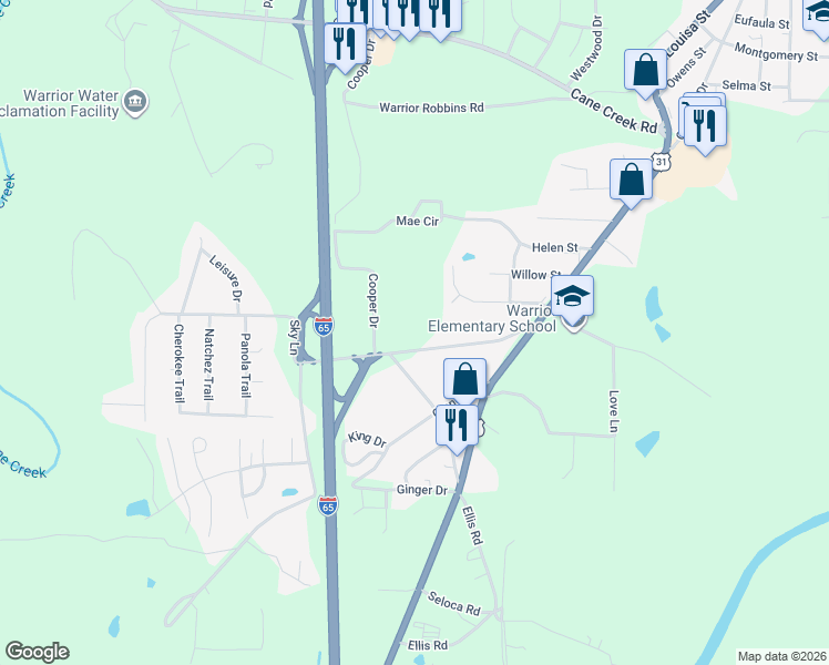 map of restaurants, bars, coffee shops, grocery stores, and more near 171 Dana Road in Warrior
