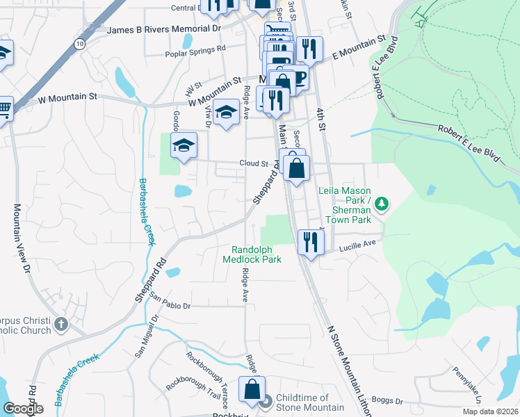map of restaurants, bars, coffee shops, grocery stores, and more near 963 Sheppard Road in Stone Mountain