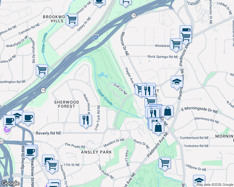 map of restaurants, bars, coffee shops, grocery stores, and more near 25 Golf Circle Northeast in Atlanta