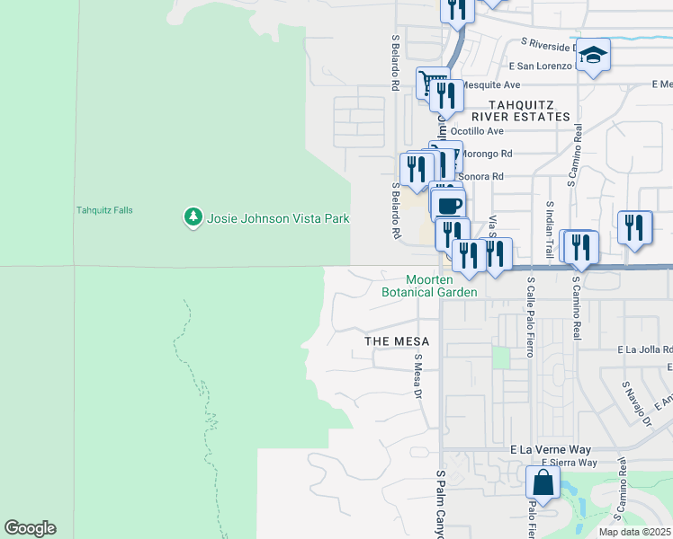 map of restaurants, bars, coffee shops, grocery stores, and more near 252 Ridge Road in Palm Springs