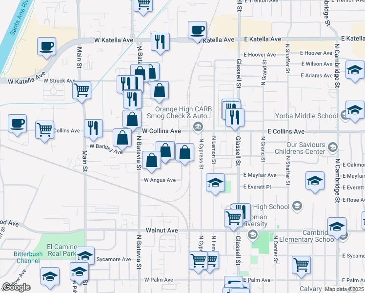 map of restaurants, bars, coffee shops, grocery stores, and more near 500 West Collins Avenue in Orange