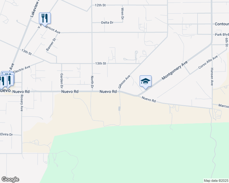 map of restaurants, bars, coffee shops, grocery stores, and more near Mather Lane in Nuevo