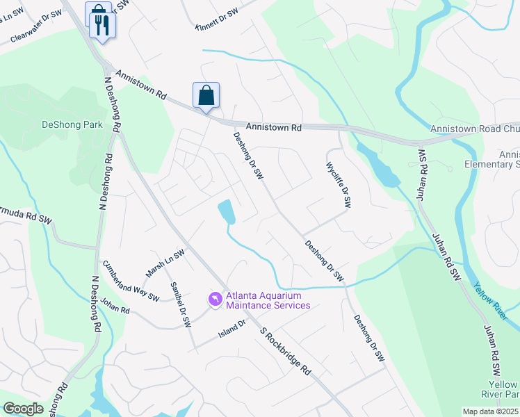 map of restaurants, bars, coffee shops, grocery stores, and more near 712 Valley View Drive Southwest in Stone Mountain