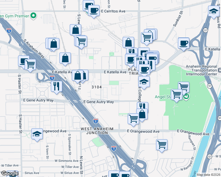 map of restaurants, bars, coffee shops, grocery stores, and more near 1851 Union Street in Anaheim