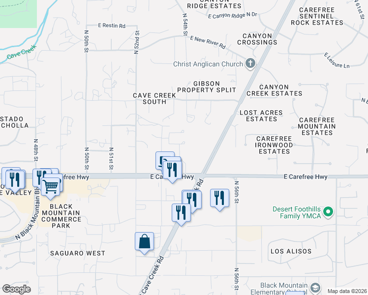 map of restaurants, bars, coffee shops, grocery stores, and more near 34801 North 53rd Street in Cave Creek