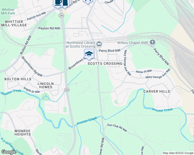 map of restaurants, bars, coffee shops, grocery stores, and more near 1634 Hollywood Road Northwest in Atlanta