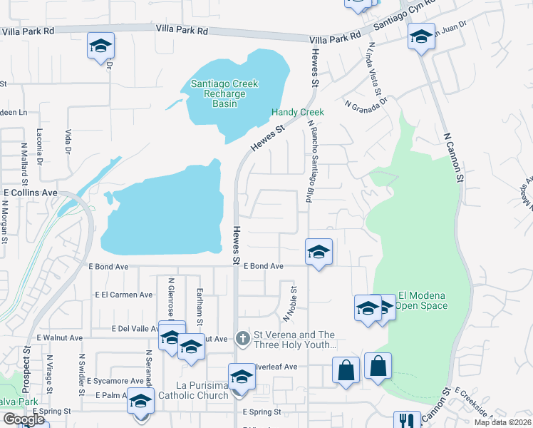 map of restaurants, bars, coffee shops, grocery stores, and more near 4624 East Blue Bird Avenue in Orange