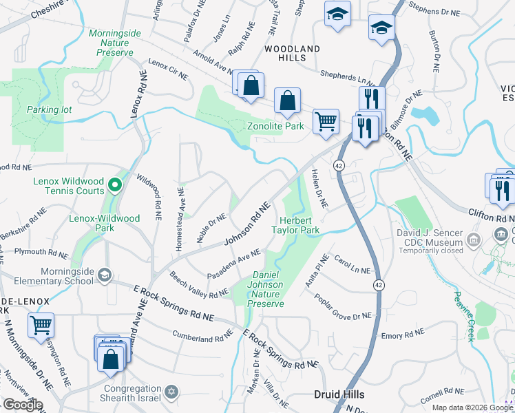 map of restaurants, bars, coffee shops, grocery stores, and more near 1738 Johnson Road Northeast in Atlanta