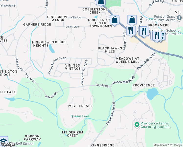 map of restaurants, bars, coffee shops, grocery stores, and more near 212 Mountain Court Southeast in Mableton