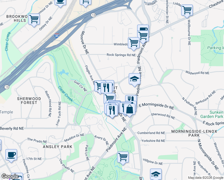 map of restaurants, bars, coffee shops, grocery stores, and more near 1705 Monroe Drive Northeast in Atlanta