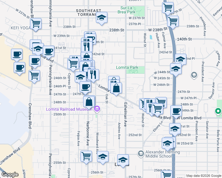 map of restaurants, bars, coffee shops, grocery stores, and more near 2075 Lomita Boulevard in Lomita