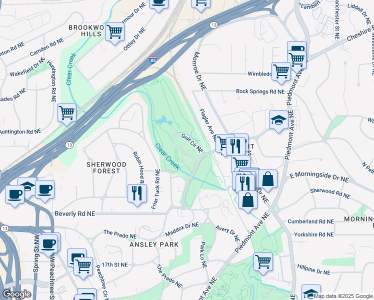 map of restaurants, bars, coffee shops, grocery stores, and more near 25 Golf Circle Northeast in Atlanta