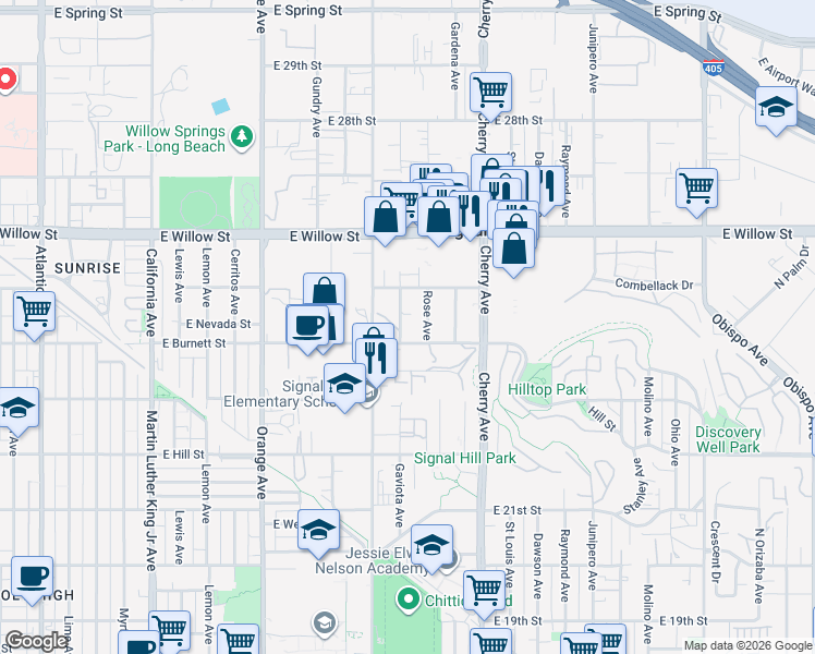 map of restaurants, bars, coffee shops, grocery stores, and more near 2420 North Gaviota Avenue in Long Beach
