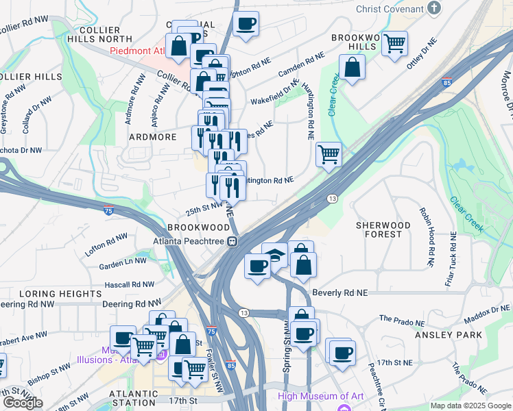 map of restaurants, bars, coffee shops, grocery stores, and more near 1735 Peachtree Street Northeast in Atlanta