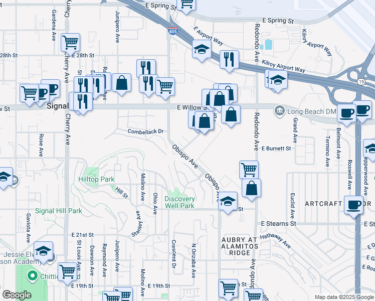map of restaurants, bars, coffee shops, grocery stores, and more near 2953 Hathaway Court in Signal Hill