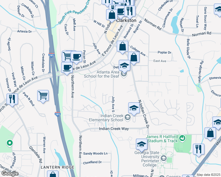 map of restaurants, bars, coffee shops, grocery stores, and more near 814 Jolly Avenue South in Clarkston