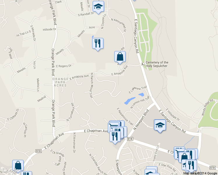 map of restaurants, bars, coffee shops, grocery stores, and more near 7509 East Saddlehill Trail in Orange