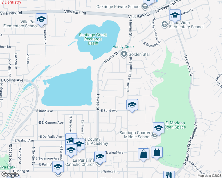 map of restaurants, bars, coffee shops, grocery stores, and more near 4624 East Blue Bird Avenue in Orange
