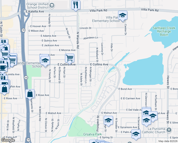 map of restaurants, bars, coffee shops, grocery stores, and more near 820 North Kathleen Lane in Orange