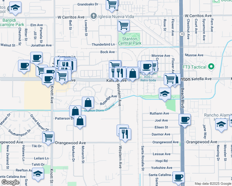 map of restaurants, bars, coffee shops, grocery stores, and more near 11061 Eaton Way in Stanton
