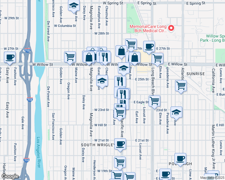 map of restaurants, bars, coffee shops, grocery stores, and more near 323 West Burnett Street in Long Beach
