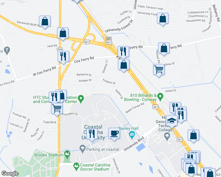 map of restaurants, bars, coffee shops, grocery stores, and more near 1025 Carolina Road in Conway