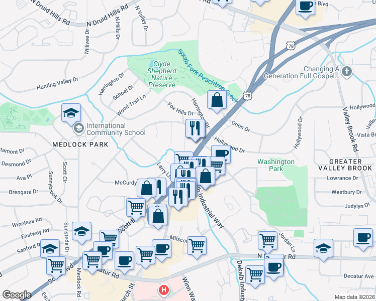 map of restaurants, bars, coffee shops, grocery stores, and more near 1826 Lawrenceville Highway in Decatur