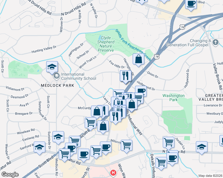 map of restaurants, bars, coffee shops, grocery stores, and more near 806 Whelchel Drive in Decatur
