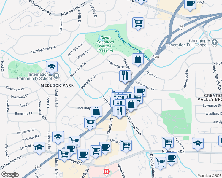 map of restaurants, bars, coffee shops, grocery stores, and more near 806 Whelchel Drive in Decatur