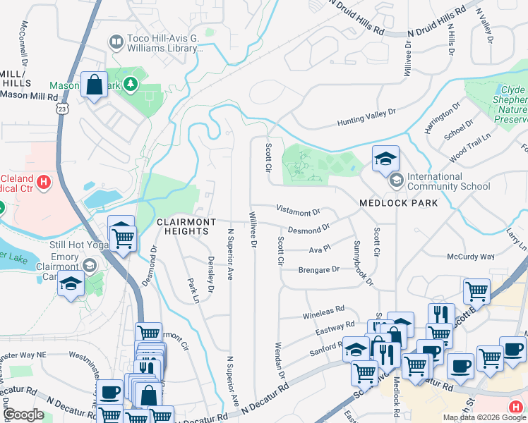 map of restaurants, bars, coffee shops, grocery stores, and more near 2227 Vistamont Drive in Decatur