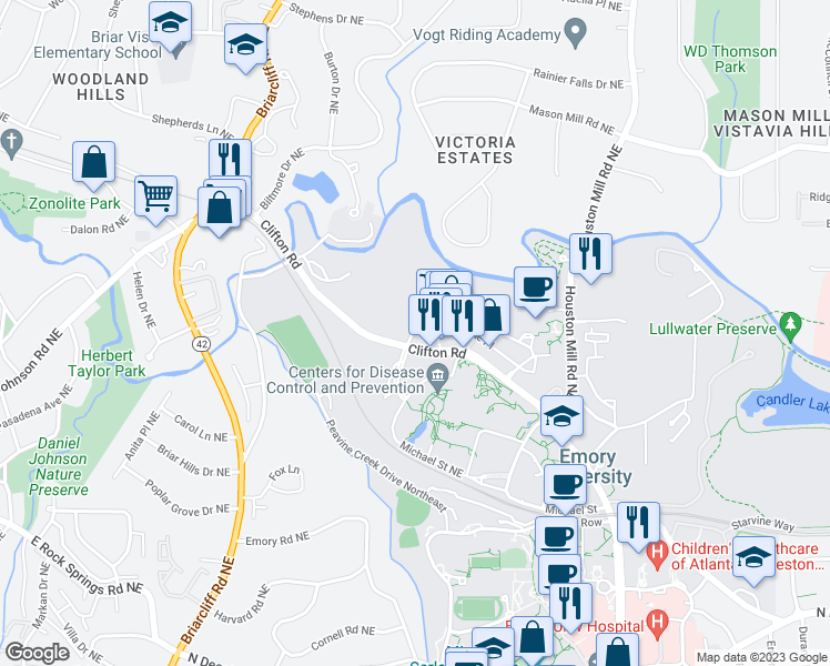 map of restaurants, bars, coffee shops, grocery stores, and more near 1540 Avenue Place in Atlanta