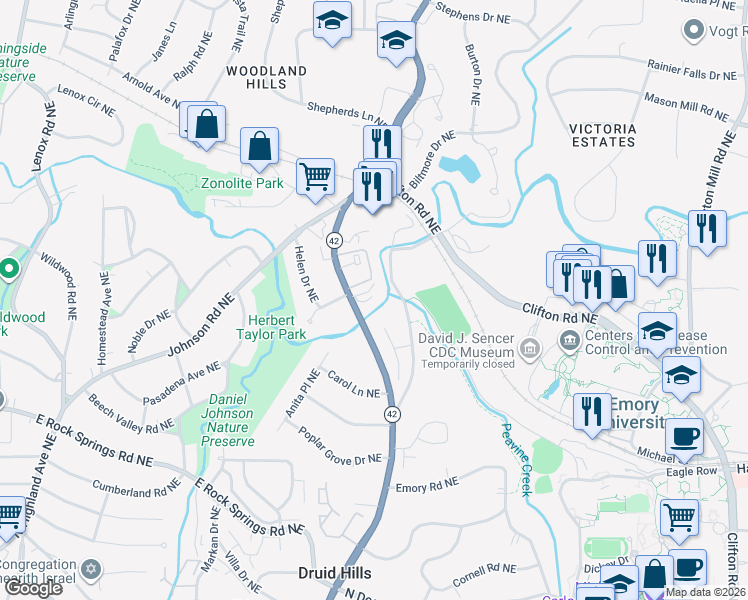 map of restaurants, bars, coffee shops, grocery stores, and more near 1635 Briarcliff Road Northeast in Atlanta