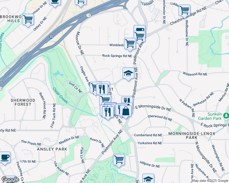 map of restaurants, bars, coffee shops, grocery stores, and more near 575 Pelham Road Northeast in Atlanta