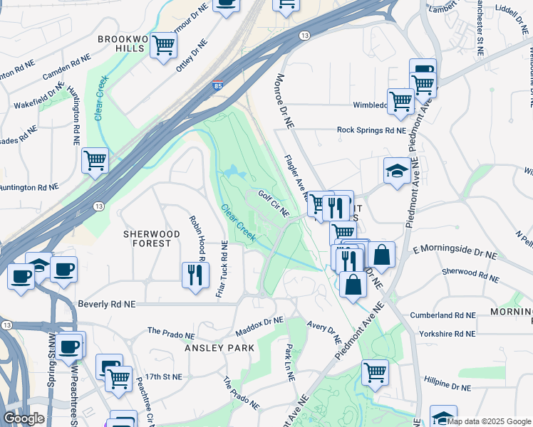 map of restaurants, bars, coffee shops, grocery stores, and more near 25 Golf Circle Northeast in Atlanta