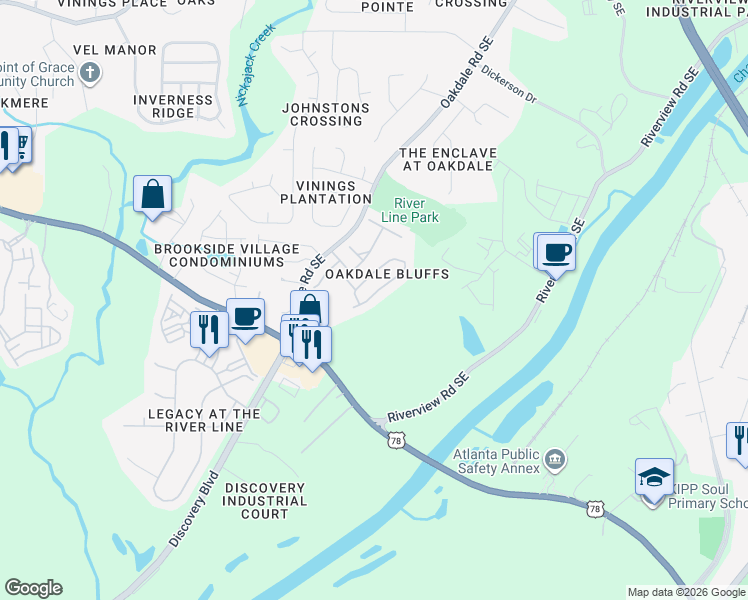 map of restaurants, bars, coffee shops, grocery stores, and more near 6185 Indian Wood Circle in Mableton