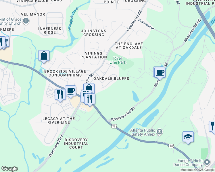 map of restaurants, bars, coffee shops, grocery stores, and more near 6185 Indian Wood Circle in Mableton