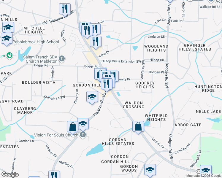 map of restaurants, bars, coffee shops, grocery stores, and more near 6278 Mableton Parkway Southwest in Mableton