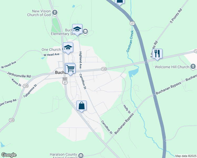 map of restaurants, bars, coffee shops, grocery stores, and more near 32 Verner Lane in Buchanan