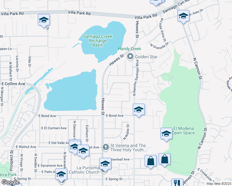 map of restaurants, bars, coffee shops, grocery stores, and more near 4631 East Blue Bird Avenue in Orange