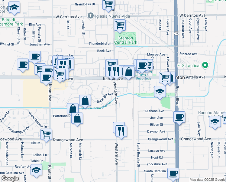 map of restaurants, bars, coffee shops, grocery stores, and more near 11061 Eaton Way in Stanton