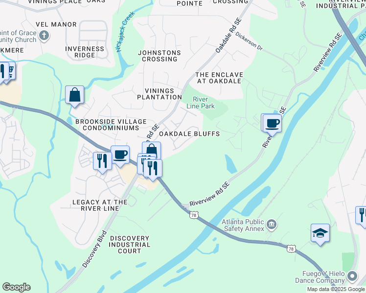 map of restaurants, bars, coffee shops, grocery stores, and more near 6185 Indian Wood Circle in Mableton