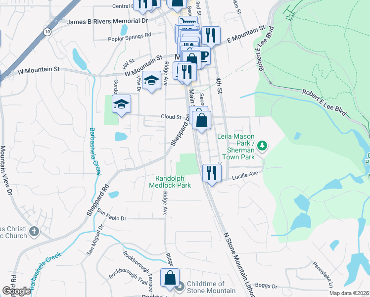 map of restaurants, bars, coffee shops, grocery stores, and more near 963 Sheppard Road in Stone Mountain